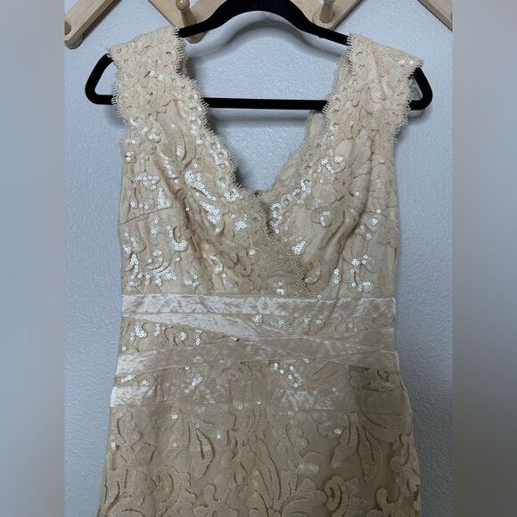 TADASHI Shoji Primrose Embroidered Lace Sheath Cocktail Dress Ivory Nude Size 4 - Picture 4 of 10